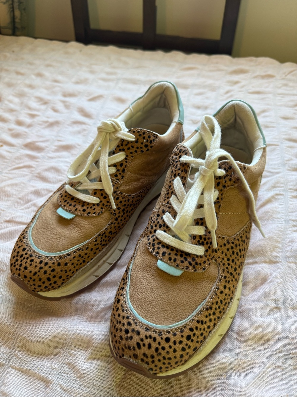 Madewell Tan CheetahPrint Sneakers with Cream Laces and Light Blue Trim No tread